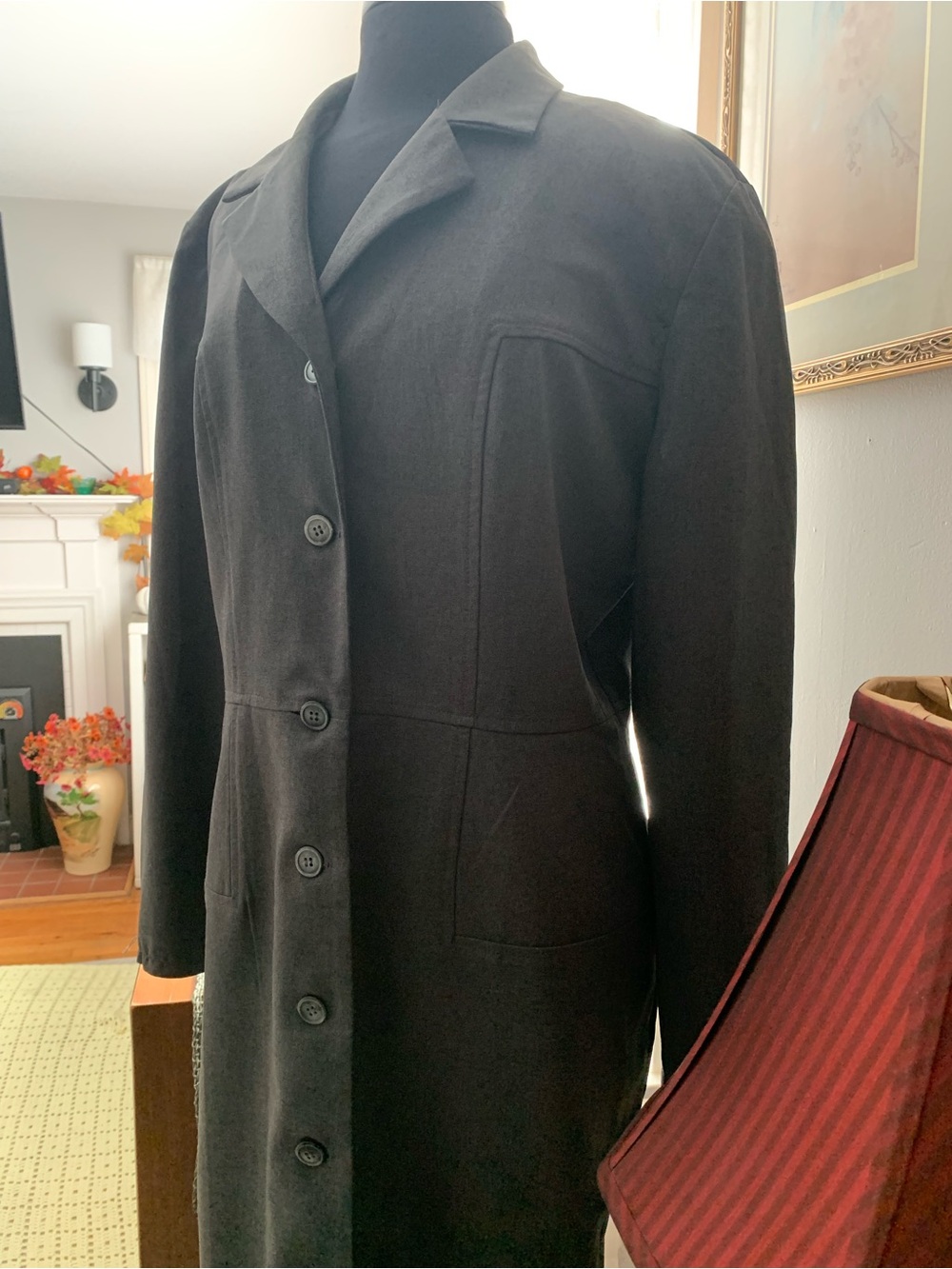 Vintage Lois Snyder Dani Max Charcoal Gray Button Down Long Sleeve Trench Dress